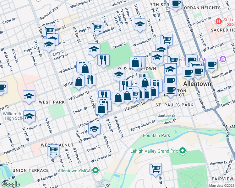 map of restaurants, bars, coffee shops, grocery stores, and more near in Allentown