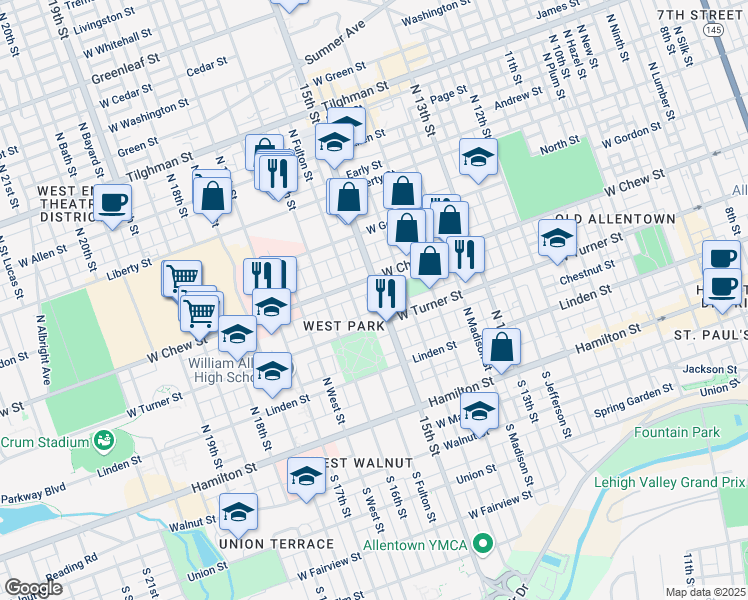 map of restaurants, bars, coffee shops, grocery stores, and more near 1525 West Turner Street in Allentown