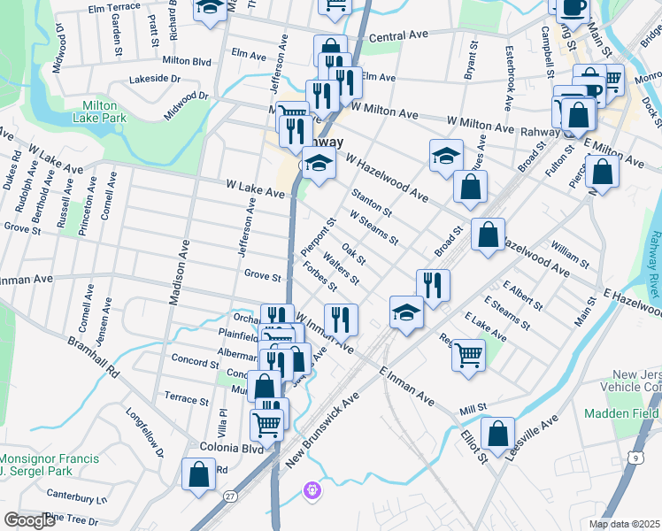 map of restaurants, bars, coffee shops, grocery stores, and more near 173 Forbes Street in Rahway