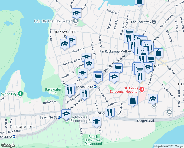 map of restaurants, bars, coffee shops, grocery stores, and more near 25-10 Beach Channel Drive in Queens