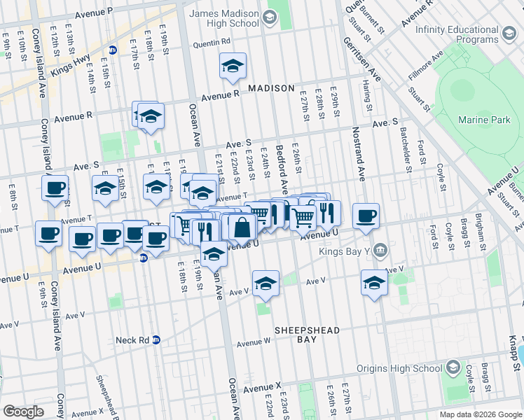 map of restaurants, bars, coffee shops, grocery stores, and more near 2059 East 23rd Street in Brooklyn