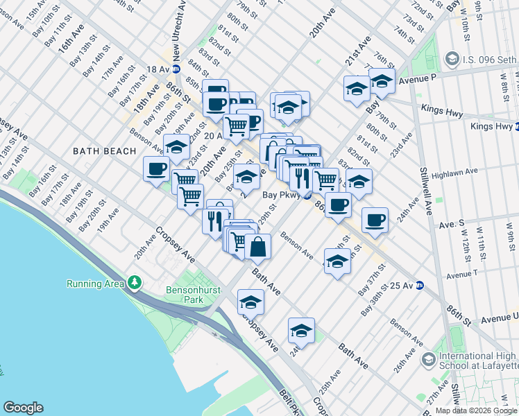 map of restaurants, bars, coffee shops, grocery stores, and more near 85 Bay 29th Street in Brooklyn