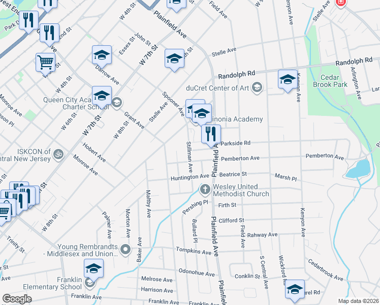 map of restaurants, bars, coffee shops, grocery stores, and more near 637 Pemberton Avenue in Plainfield