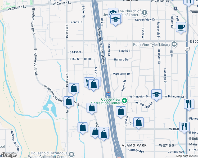 map of restaurants, bars, coffee shops, grocery stores, and more near 8253 Ivy Drive in Midvale