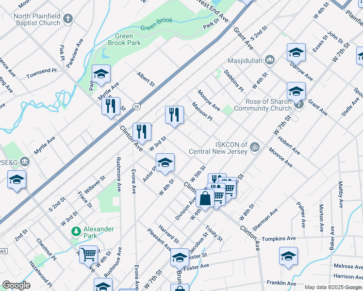 map of restaurants, bars, coffee shops, grocery stores, and more near 342 Bergen Street in Plainfield