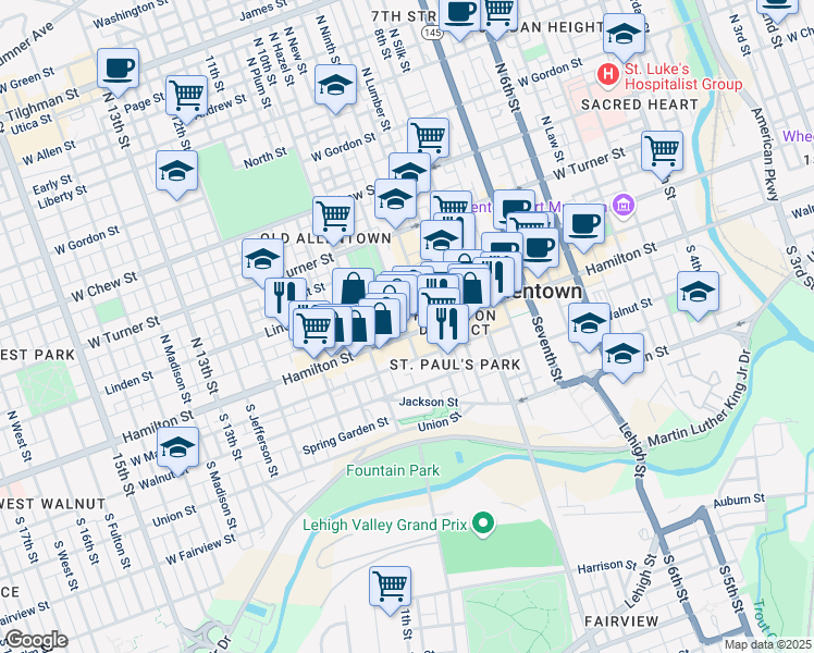 map of restaurants, bars, coffee shops, grocery stores, and more near 921 Hamilton Street in Allentown