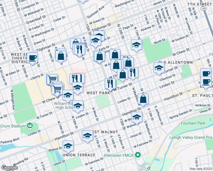 map of restaurants, bars, coffee shops, grocery stores, and more near 1525 West Turner Street in Allentown