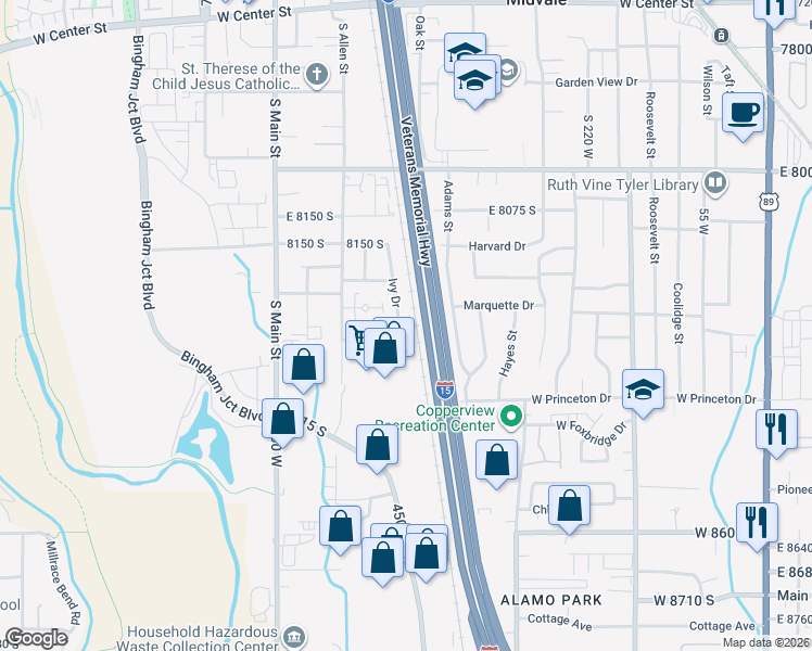 map of restaurants, bars, coffee shops, grocery stores, and more near 8253 Ivy Drive in Midvale