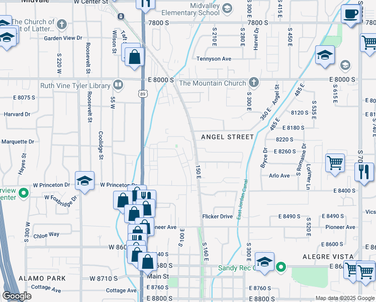 map of restaurants, bars, coffee shops, grocery stores, and more near 8264 South Resaca Drive in Sandy