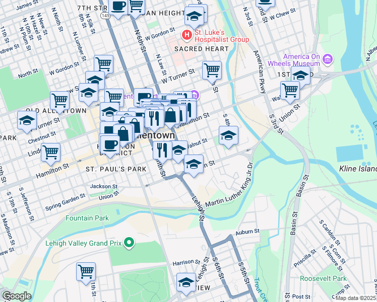 map of restaurants, bars, coffee shops, grocery stores, and more near 530 Walnut Street in Allentown