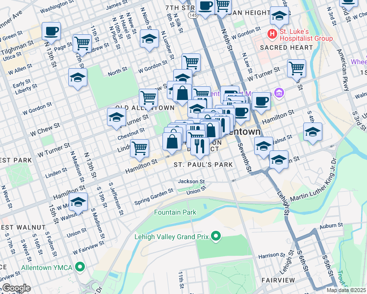 map of restaurants, bars, coffee shops, grocery stores, and more near 25 North Ninth Street in Allentown