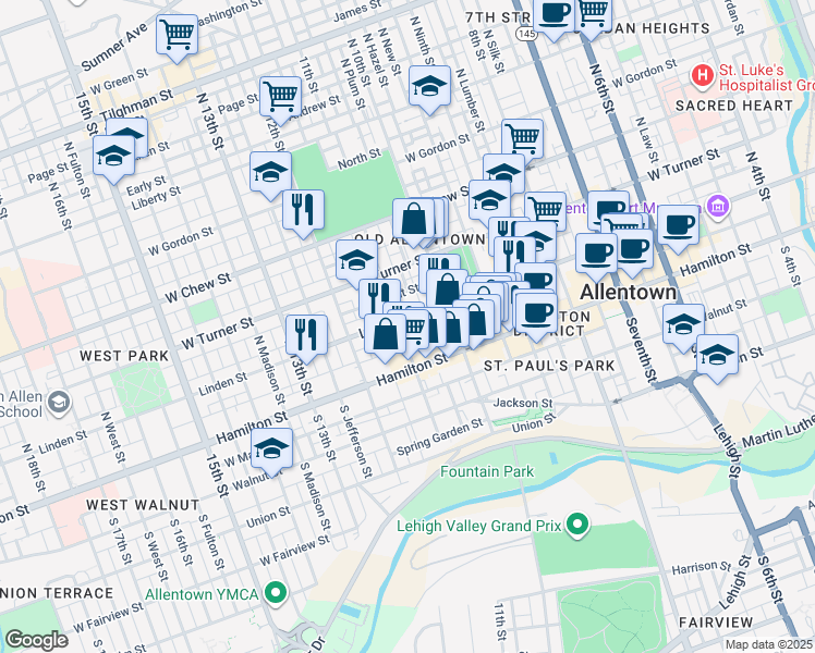 map of restaurants, bars, coffee shops, grocery stores, and more near 39 North 11th Street in Allentown