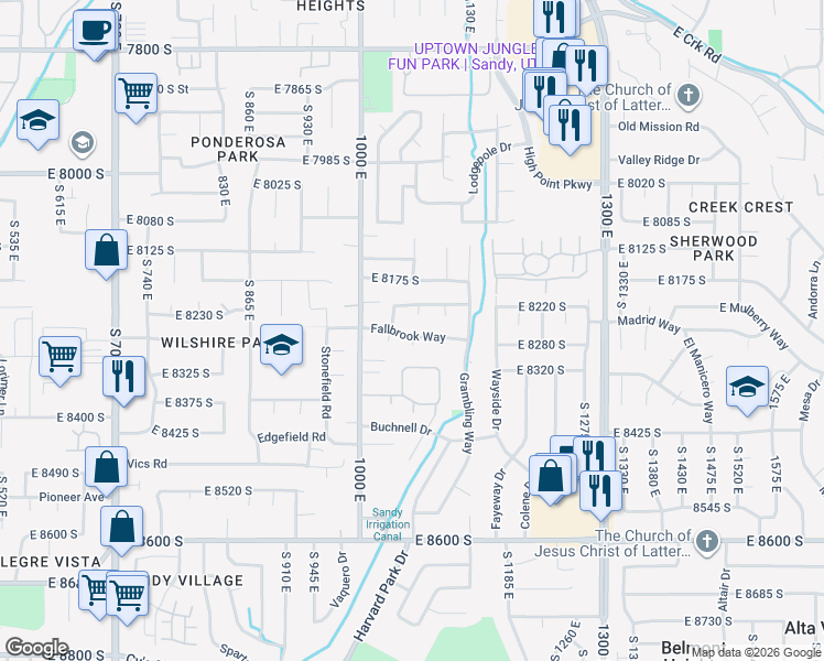 map of restaurants, bars, coffee shops, grocery stores, and more near 1065 East Fallbrook Way in Sandy