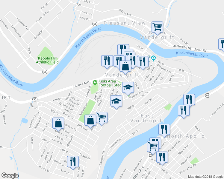 map of restaurants, bars, coffee shops, grocery stores, and more near 305 Hancock Avenue in Vandergrift