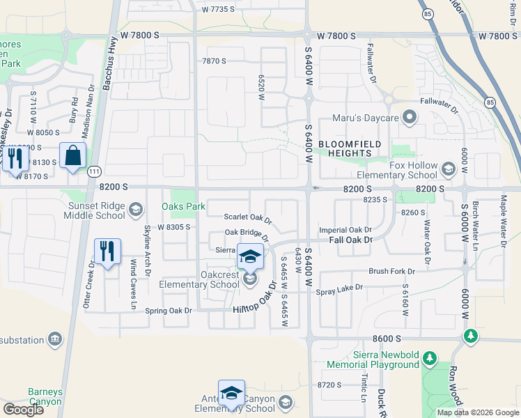 map of restaurants, bars, coffee shops, grocery stores, and more near 8262 Pin Oak Drive in West Jordan