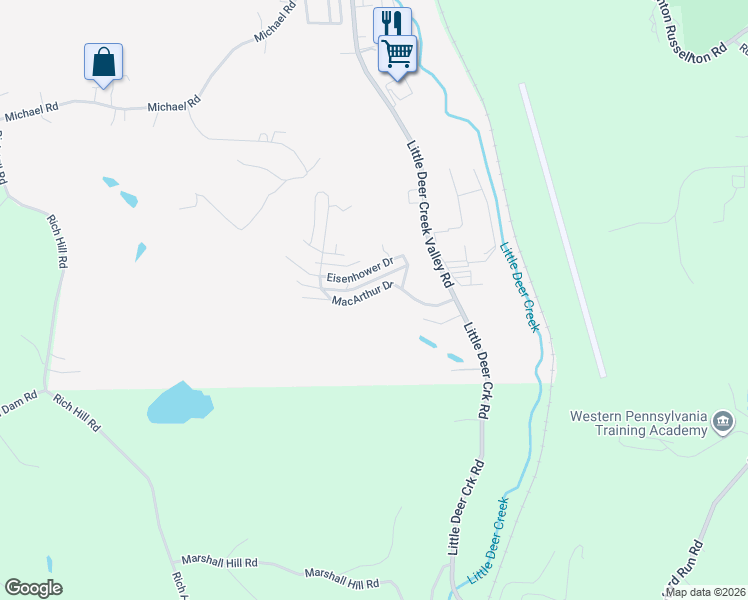 map of restaurants, bars, coffee shops, grocery stores, and more near 1126 Eisenhower Drive in Russellton
