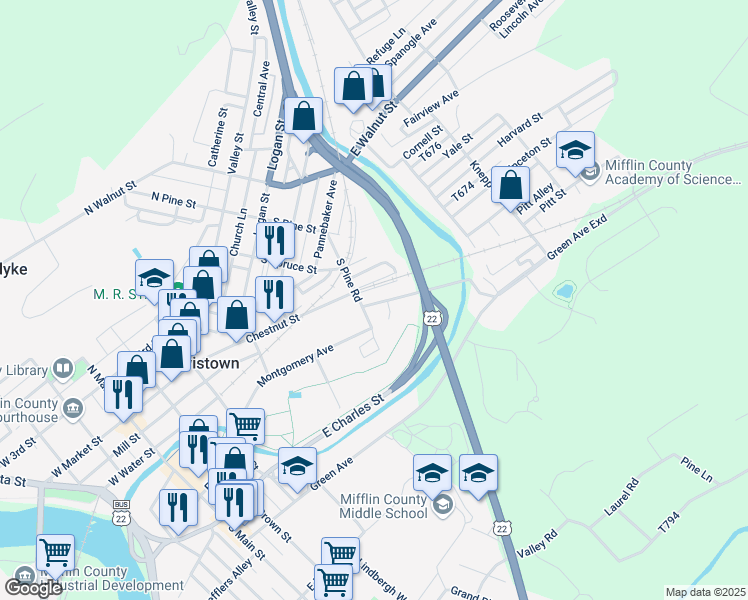 map of restaurants, bars, coffee shops, grocery stores, and more near 9 Chestnut Street Extension in Lewistown