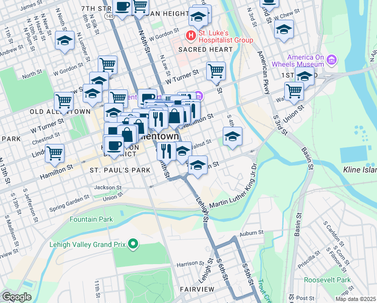 map of restaurants, bars, coffee shops, grocery stores, and more near 515 Walnut Street in Allentown
