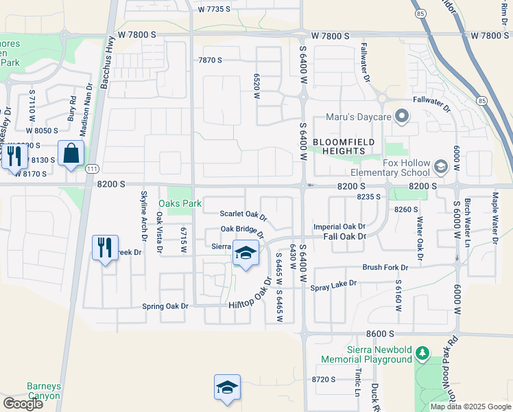 map of restaurants, bars, coffee shops, grocery stores, and more near 8262 Pin Oak Drive in West Jordan