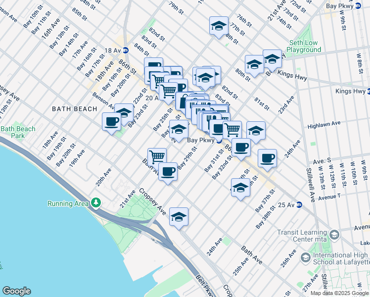 map of restaurants, bars, coffee shops, grocery stores, and more near 73 Bay 28th Street in Brooklyn