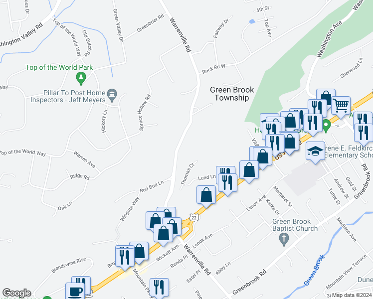 map of restaurants, bars, coffee shops, grocery stores, and more near 274 Warrenville Road in Green Brook Township