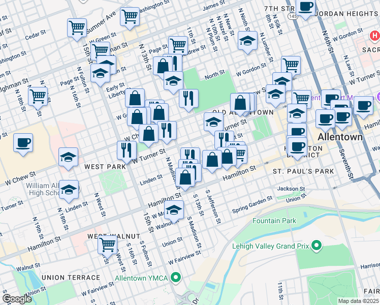 map of restaurants, bars, coffee shops, grocery stores, and more near 126 North Jefferson Street in Allentown