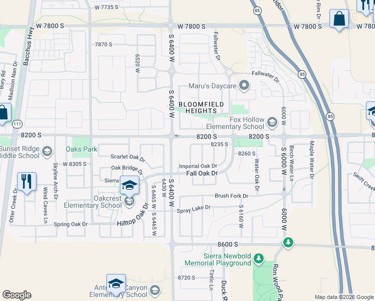 map of restaurants, bars, coffee shops, grocery stores, and more near 6383 8200 South in West Jordan
