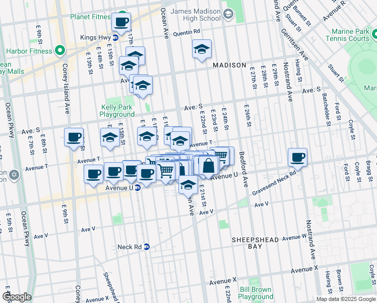 map of restaurants, bars, coffee shops, grocery stores, and more near 2009 Avenue T in Brooklyn