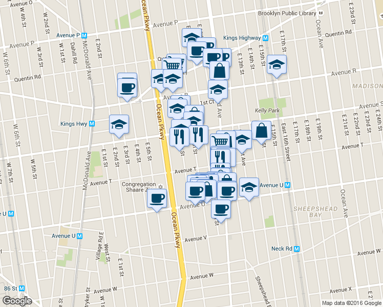 map of restaurants, bars, coffee shops, grocery stores, and more near 1931 East 8th Street in Brooklyn