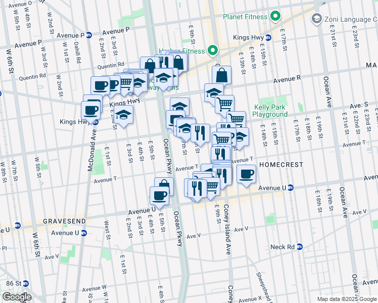 map of restaurants, bars, coffee shops, grocery stores, and more near 1990 East 7th Street in Brooklyn