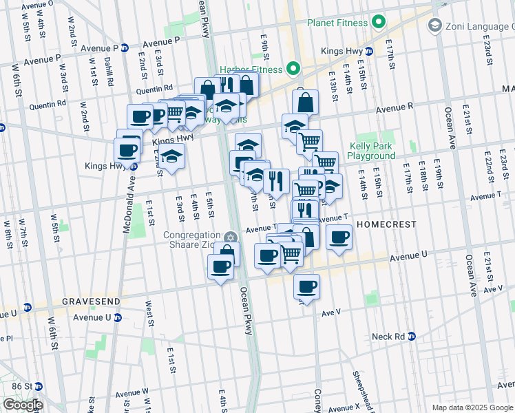 map of restaurants, bars, coffee shops, grocery stores, and more near 1990 East 7th Street in Brooklyn