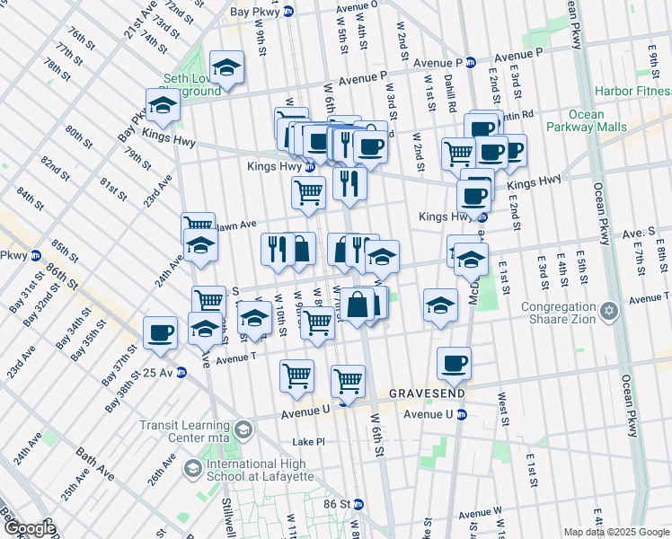 map of restaurants, bars, coffee shops, grocery stores, and more near 1856 West 7th Street in Brooklyn