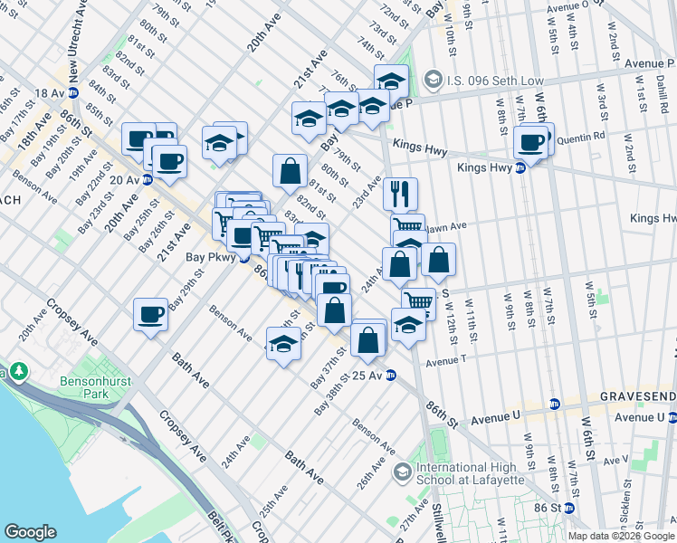 map of restaurants, bars, coffee shops, grocery stores, and more near 2321 83rd Street in Brooklyn