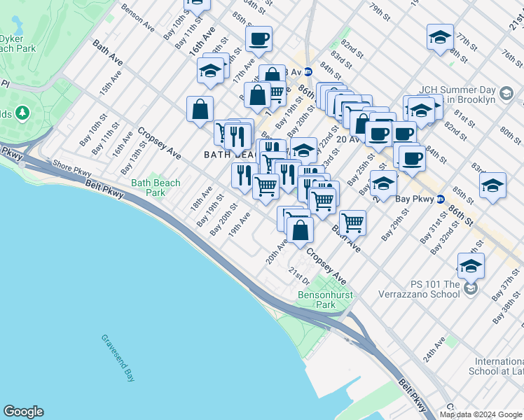 map of restaurants, bars, coffee shops, grocery stores, and more near 8783 19th Avenue in Brooklyn