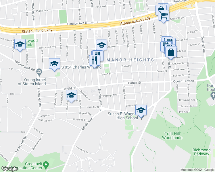 map of restaurants, bars, coffee shops, grocery stores, and more near 139 Wellbrook Avenue in Staten Island