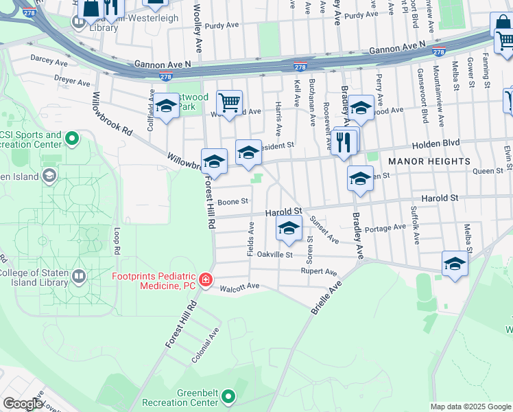 map of restaurants, bars, coffee shops, grocery stores, and more near 41 Fields Avenue in Staten Island