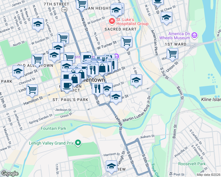 map of restaurants, bars, coffee shops, grocery stores, and more near 515 Walnut Street in Allentown
