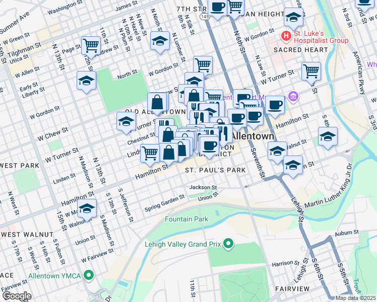 map of restaurants, bars, coffee shops, grocery stores, and more near 6 North Fountain Street in Allentown