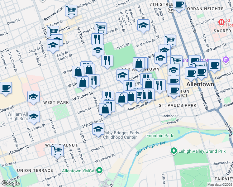 map of restaurants, bars, coffee shops, grocery stores, and more near 148 North 12th Street in Allentown