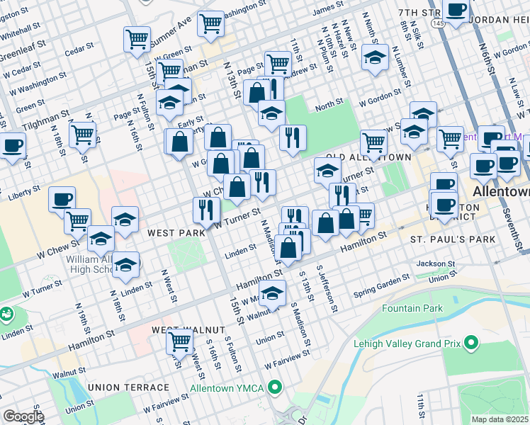 map of restaurants, bars, coffee shops, grocery stores, and more near in Allentown