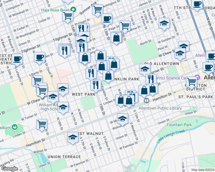 map of restaurants, bars, coffee shops, grocery stores, and more near 227 North 14th Street in Allentown