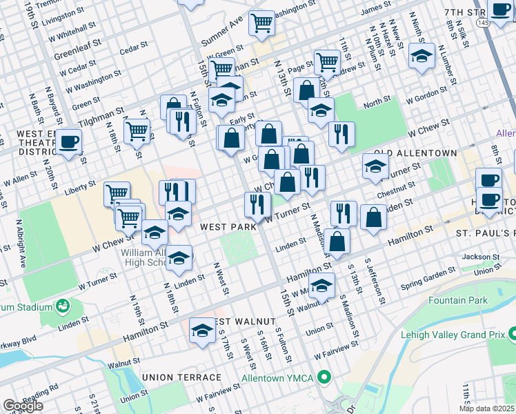 map of restaurants, bars, coffee shops, grocery stores, and more near 1432 West Chew Street in Allentown