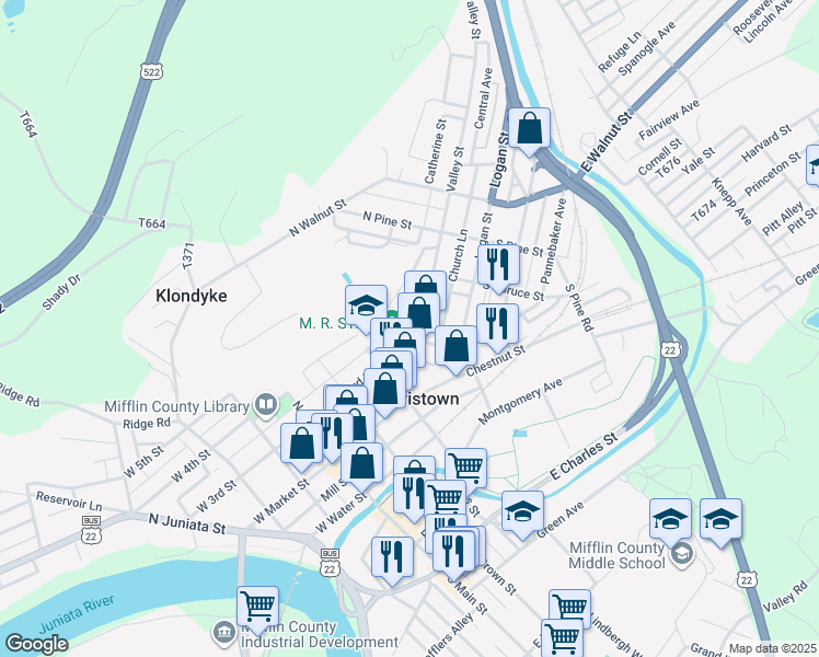 map of restaurants, bars, coffee shops, grocery stores, and more near 146 Valley Street in Lewistown