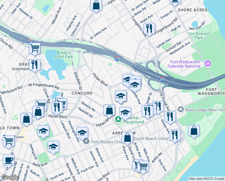 map of restaurants, bars, coffee shops, grocery stores, and more near 391 Fingerboard Road in Staten Island