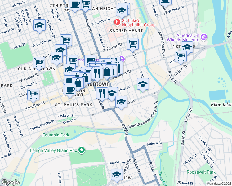 map of restaurants, bars, coffee shops, grocery stores, and more near 515 Walnut Street in Allentown