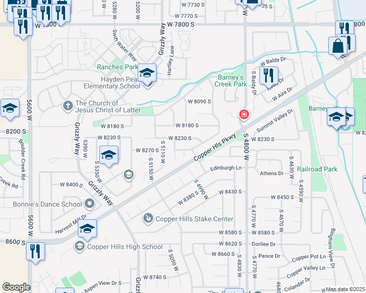 map of restaurants, bars, coffee shops, grocery stores, and more near 5036 Copper Meadow Lane in West Jordan
