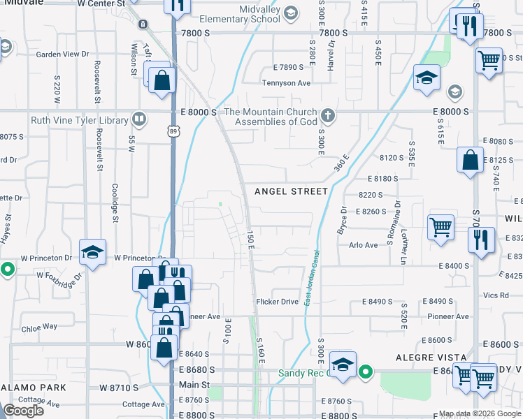 map of restaurants, bars, coffee shops, grocery stores, and more near 8257 South 180 East in Sandy