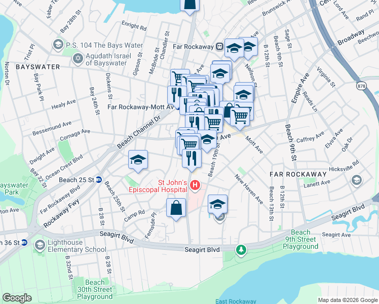 map of restaurants, bars, coffee shops, grocery stores, and more near 711A Beach 20th Street in Queens