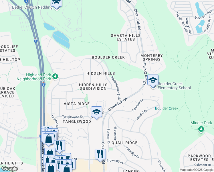 map of restaurants, bars, coffee shops, grocery stores, and more near 1084 Rollingview Drive in Redding