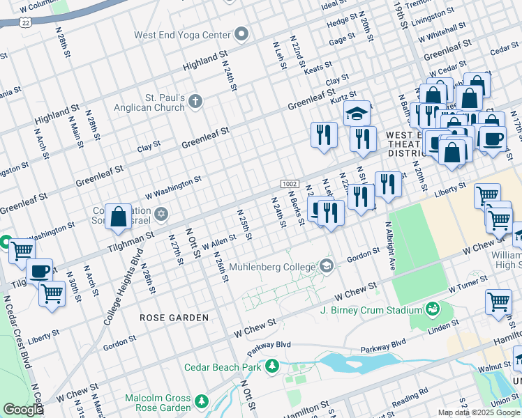 map of restaurants, bars, coffee shops, grocery stores, and more near 623 North Muhlenberg Street in Allentown
